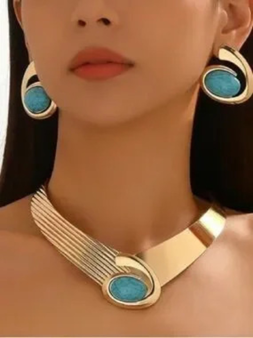 Gold Tone and Turquoise Statement Necklace and Earrings Set